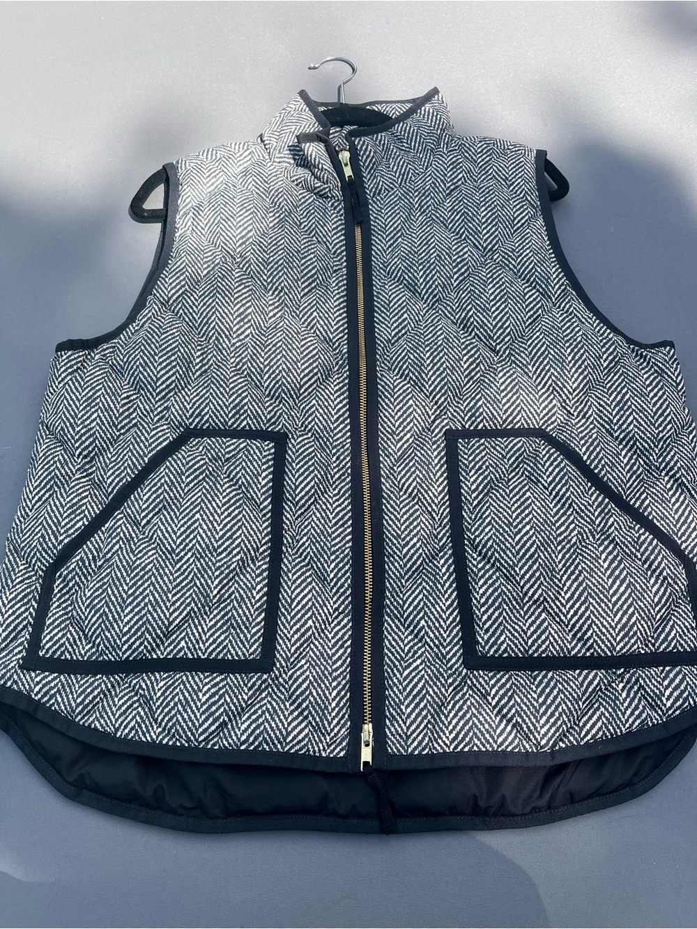 J. Crew Black & White Herringbone Quilted Vest with Contrast Trim